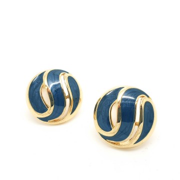 Soleil - round goldtone earrings with smokey blue marbled enamel - Bliinkt