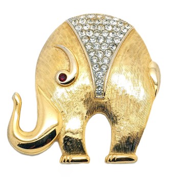Sphinx - goldtone elephant brooch with clear rhinestones and red rhinestone eye - Bliinkt