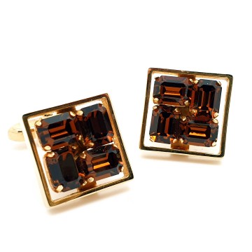 Square cufflinks with brown coloured baguette shaped rhinestones