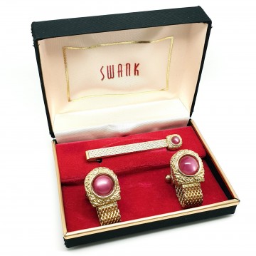 Swank manchetknopen en dasspeld met roze cabochon in box