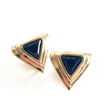 Swarovski - Goldtone triangle earrings with black faceted glass stone - Bliinkt