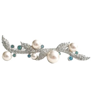 Swarovski - elegant silvertone branch shaped brooch with clear rhinestones, faux pearls and iceblue and skyblue rhinestones - Bliinkt