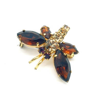 Tiny insect brooch with red eyes brown rhinestone wings and champaign coloured body   bliinkt
