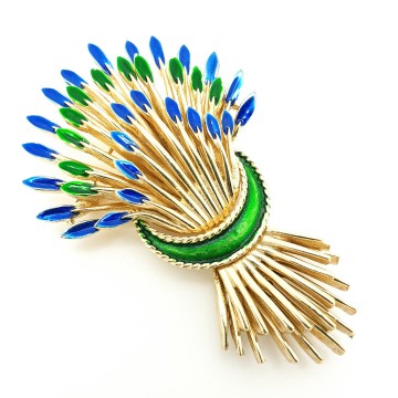Trifari goudkleurige broche in vorm van korenschoven met blauw en groen emaille uiteinden 2