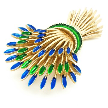 Trifari goudkleurige broche in vorm van korenschoven met blauw en groen emaille uiteinden