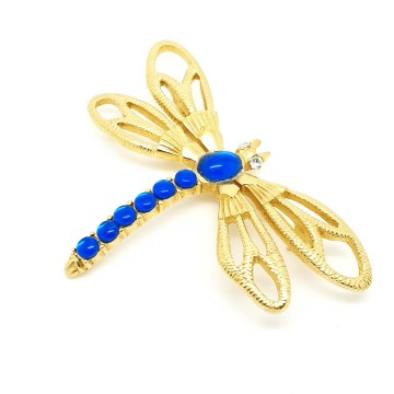 Trifari TM libelle-dragonfly broche met helderblauwe cabochons