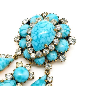 Turquoise dangle brooch with clear rhinestones