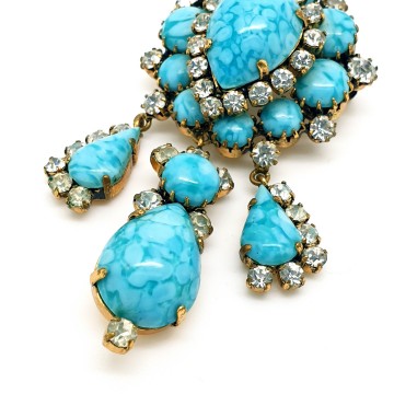 Turquoise dangle brooch with clear rhinestones
