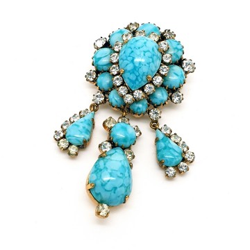 Turquoise dangle brooch with clear rhinestones