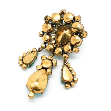 Turquoise dangle brooch with clear rhinestones