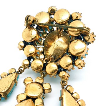 Turquoise dangle brooch with clear rhinestones