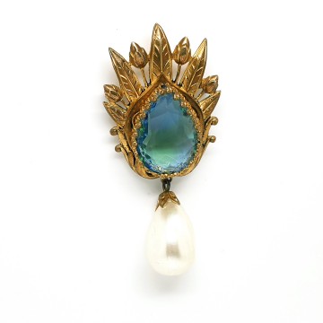 Goldtone brooch with blue stone and faux pearl