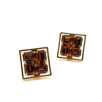 Square cufflinks with brown coloured baguette shaped rhinestones