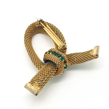 Vintage 60s goldtone mesh ribbon brooch with green rhinestones - Bliinkt