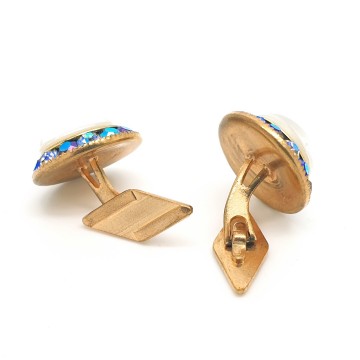 Vintage cufflinks with white moonglow cabouchon and aurora borealis rhinestones - Bliinkt