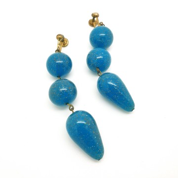 Old dangle earrings with dark turquoise glass beads with gold glitter - Bliinkt