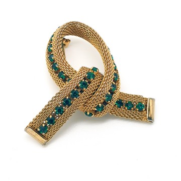 Vintage 60s goldtone mesh ribbon brooch with green rhinestones - Bliinkt