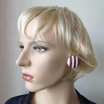 West germany white brown striped plastic earrings modelled
