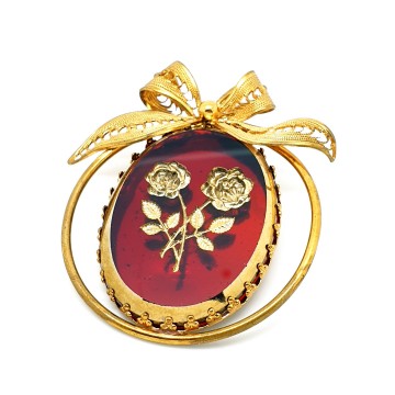 Western Germany goldtone brooch with red and gold intaglio rose and filigree