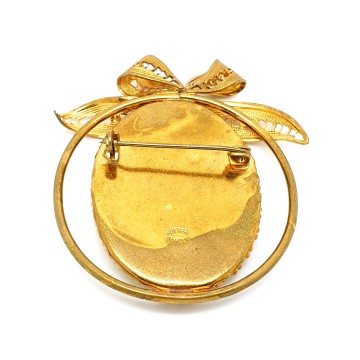 Western Germany goldtone brooch with red and gold intaglio rose and filigree signed