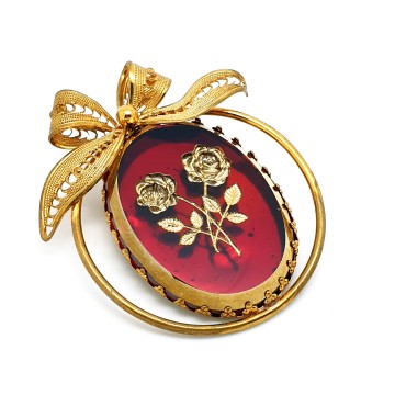 Western Germany goldtone brooch with red and gold intaglio rose and filigree