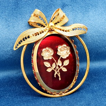 Western Germany goldtone brooch with red and gold intaglio rose and filigree