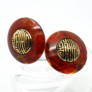 Western Germany - round plastic marbled red brown with gold 80s earrings - Bliinkt