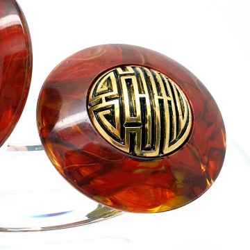 Western Germany - round plastic marbled red brown with gold 80s earrings - Bliinkt