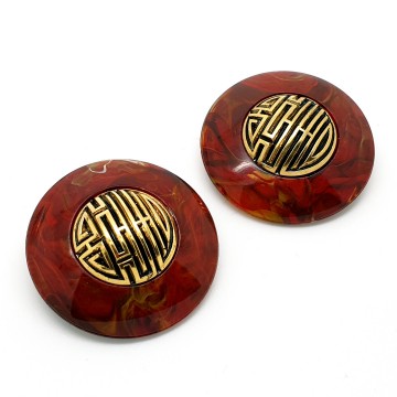 Western Germany - round plastic marbled red brown with gold 80s earrings - Bliinkt