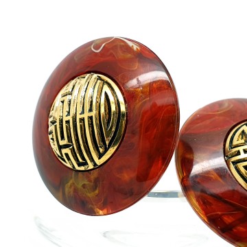 Western Germany - round plastic marbled red brown with gold 80s earrings - Bliinkt