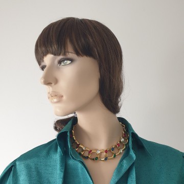 Goldtone link necklace with green, blue, red and clear glass rhinestones - Bliinkt