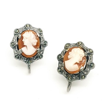 Silver cameo earrings with marcasites - Bliinkt