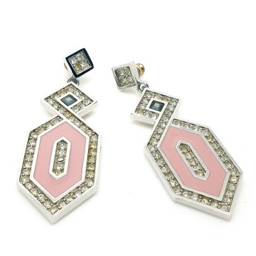 Silvertone dangle earrings with pink enamel and clear rhinestones - Bliinkt