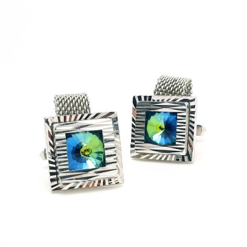 Silvertone square cufflinks with blue green rivoli rhinestone - Bliinkt